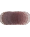 Luocute Five Zero Pack Pro Grade Mesh Sanding Discs arranged in a stack, designed for dust free sanding on wood and drywall.