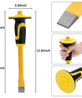 Complete Geology Rock Kit with 12 inch mason chisel, yellow handle, hand grip, detailed measurements for prospecting and gold mining.