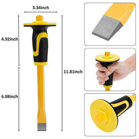 Complete Geology Rock Kit with 12 inch mason chisel, yellow handle, hand grip, detailed measurements for prospecting and gold mining.