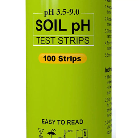 Close-up of Soil PH Test Kit With 100 Quick And Easy PH Testing Strips bottle label, showing pH range 3.5-9.0.