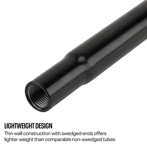 Heavy Duty Swaged Steel Linkage Tube IMCA Approved With Five Eighth Inch Threads Black Coated Adjustable Panhard Tie Rod Fitment close-up showing threaded end.