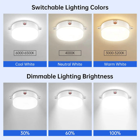 Solar Ceiling Lights With Motion Sensor 2 Pack 5 Modes 3200K 4000K 6000K Dimmable lighting options shown in cool, neutral, and warm white.