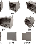 Assorted Two Gang Retrofit Wall Box components for old work stud or no stud mount; various shapes and sizes shown.