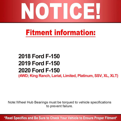 Notice for Front Wheel Bearing And Hub Assembly For Ford F150 2018 2019 2020 4WD 6 Lug With ABS 4x4 No Nonsense Direct Replacement details