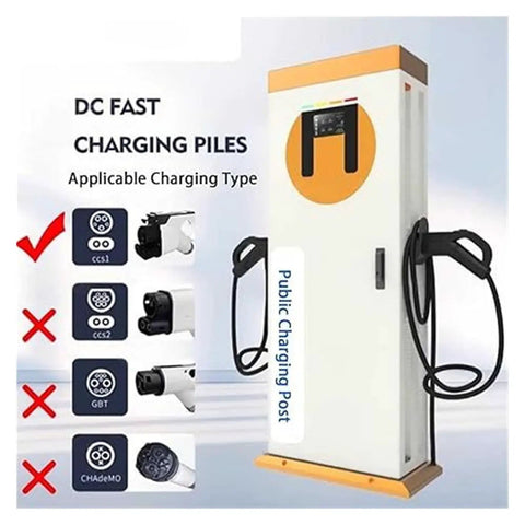 DC fast charging station for CCS1 compatibility, showing plugs and charging types for public use with CCS1 to CHAdeMO EV Adapter DC 1000V 250A Heavy Duty Fast Charging Converter Plug And Play Road Trip Essential For Quick Juice And Smooth Station Stops Anywhere.