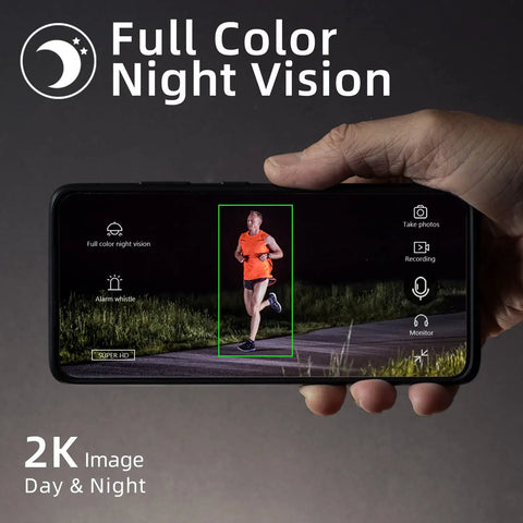 3MP Solar Wireless Outdoor Security Camera System With Color Night Vision displaying 2K image on smartphone screen