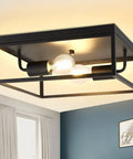 Industrial Metal Flush Mount Ceiling Light Fixture 13 Inch Square Two Light Open Cage No Glass Design Matte Black
