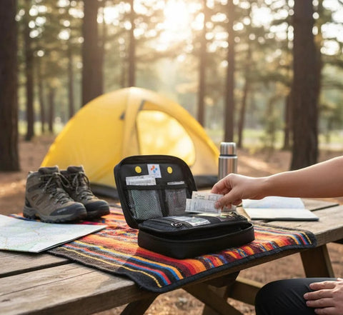 MediKit medical kit, black zippered case open with interior pockets on camping table; tent in background.
