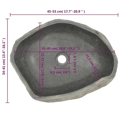 HKPWRBFG River Stone Sink Oval Wash Basin Bathroom Countertop Vessel showing dimensions and design details.