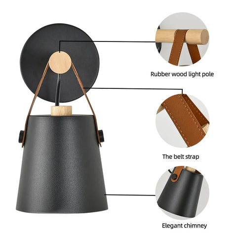 Set Of Two Modern Wall Sconces With E26 Base Indoor Bedroom Wall Lamps showing wood pole and leather strap details