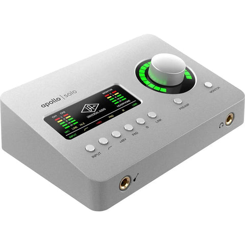 Apollo Solo Heritage Edition Desktop 2x4 Thunderbolt 3 Audio Interface With Unison Preamps And Killer Neve API Manley Marshall Fender Amp Emulations Realtime UAD Processing For Zero Latency Mac And Windows Bundled With Closed Back Headphones, showing control panel and ports