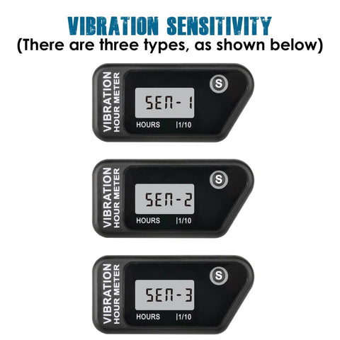 LCD Vibration Hour Counter For Outdoor Power Equipment With Wireless Induction Adjustable Vibration Frequency Three Sensitivity Modes SEN 1 2 3 Cordless Dual Time Recording No Fuss Setup Black showing SEN-1, SEN-2, SEN-3 display