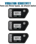 Digital Vibration Activated Hour Meter With Adjustable Frequency SEN 1 SEN 2, Cordless Time Tracking For Your Gear, Tracks Total And Partial Hours, Reliable Maintenance Companion showing SEN-1, SEN-2, SEN-3 display modes