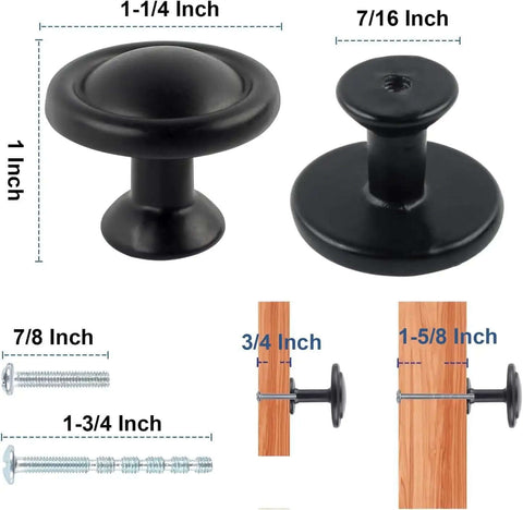 15 Pack Cabinet Knobs Set 1 1 Quarter Inch Matte Black Round Drawer Knobs with measurements and screws shown