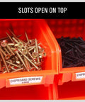 Close-up of orange bins holding screws in Wall Mounted 36 Bin Storage Rack for Garage and Workshop Heavy Duty Plastic Bin Organizer Kit.