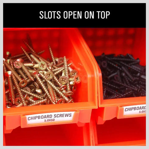 Close-up of orange bins holding screws in Wall Mounted 36 Bin Storage Rack for Garage and Workshop Heavy Duty Plastic Bin Organizer Kit.
