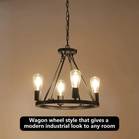 4 Light Wagon Wheel Chandelier Plug In Black Metal Pendant Light With 16.5 Ft Cord And On Off Switch Modern Industrial Style Fixture