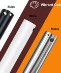 Three vibrant color options: black, white, and nickel rods for industrial lighting fixtures against a two-tone background.