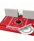 Heavy Duty Aluminum Router Table Insert Plate With Rock Solid Miter Guide Dual Metric Imperial Angle Scales And Rotating Sliding Ruler For Hassle Free Woodworking Setup Red shown from above with movable fence and angle guide.