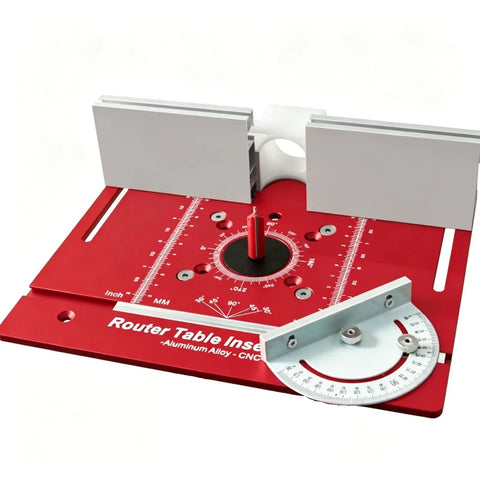 Heavy Duty Aluminum Router Table Insert Plate With Rock Solid Miter Guide Dual Metric Imperial Angle Scales And Rotating Sliding Ruler For Hassle Free Woodworking Setup Red shown from above with movable fence and angle guide.