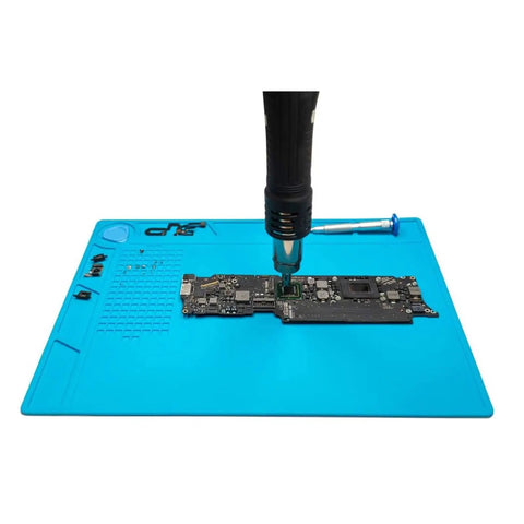 Pro Grade Silicone Soldering Repair Mat For Electronics And DIY Projects, blue heat resistant surface with components on bench