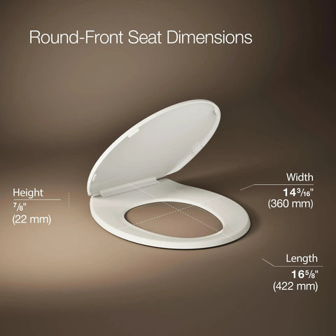 Brevia Round Toilet Seat With Quick Release Hinges And Quick Attach Hardware For Easy Clean Biscuit Color dimensions shown