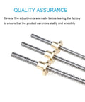 8mm T8 Threaded Trapezoidal Lead Screw For 3D Printers, Beefy Stainless Steel Durability, 2mm Pitch Or 12mm Lead Options, Easy Install, Precise Motion, One Piece Construction, Ideal For DIY CNC And FDM Printers. Three stainless steel lead screws with brass nuts for 3D printer motion.