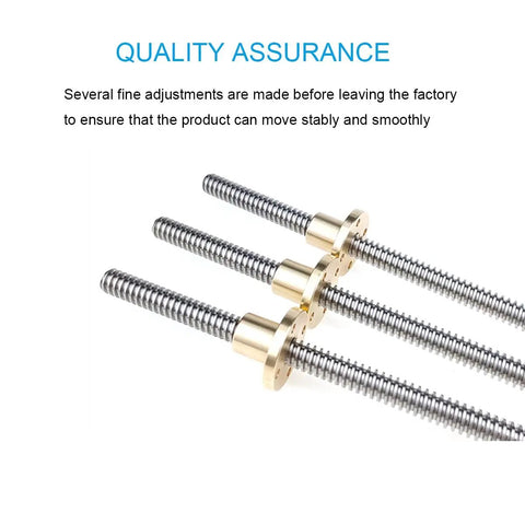 8mm T8 Threaded Trapezoidal Lead Screw For 3D Printers, Beefy Stainless Steel Durability, 2mm Pitch Or 12mm Lead Options, Easy Install, Precise Motion, One Piece Construction, Ideal For DIY CNC And FDM Printers. Three stainless steel lead screws with brass nuts for 3D printer motion.