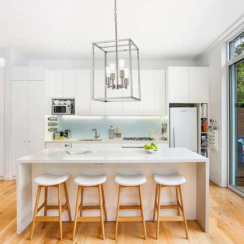 Brushed Nickel 4 Light Chandelier For Foyer And Dining Room Industrial Lantern Pendant Light With Metal Square Ceiling Hanging Design Dope Modern Vibe in kitchen