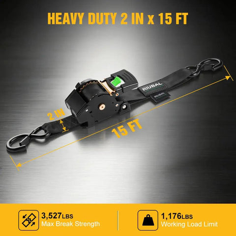 Badass Slick Retractable Ratchet Tie Down Straps For Pickup And Atv Heavy Duty 2 Inch By 15 Foot with max break strength of 3,527 lbs.