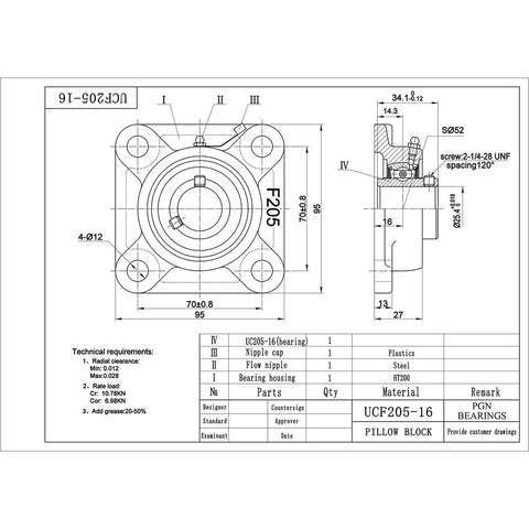 Technical drawing of UCF205-16 Square Flange Bearing 1 Inch Bore, 2 Pack, Beefy Durable Chrome Steel Alloy Body (AISI 52100), High Wear Resistance, Low Maintenance Costs, Perfect Fit For Heavy Duty Industrial Machinery And Equipment.