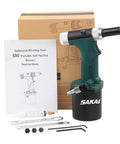 Heavy Duty Pneumatic Hydraulic Rivet Gun With Quick Release Air Valve And Multiple Nose Sizes For Three Sixteenth Inch And Two Point Four Millimeter Rivets Fast High Speed Assembly Workhorse Build Easy One Hand Operation shown with box and manual