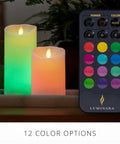 Flameless Color Changing LED Candle Pillar 3 By 6.5 Inches With Real Wax Moving Flame, remote control shown, warm glow.