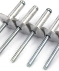 100 Pieces Large Flange Blind Rivets Aluminum Assortment Kit For Heavy Duty Quick Fixes And Strong Seams Three Sixteenths By Five Eighths Inch Grip Range Eight To Twelve Millimeters Rust Resistant Pop Rivets For Soft Materials And Wood displayed in a row