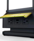 Close-up of the tower work light base with two 120V outlets and a USB-A port. Tower Work Light Delivers 9000 Lumen Brightness With Full 360 Degree Illumination, Three Dimmable Panels, Two 120V Outlets And USB A Port For Tools, Projects, And On The Job Site Lighting.