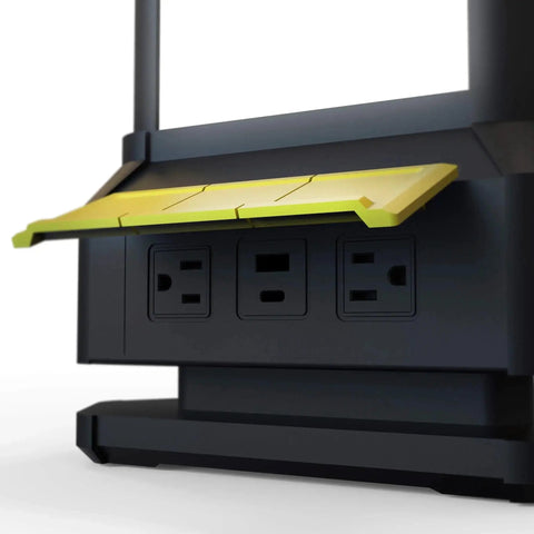 Close-up of the tower work light base with two 120V outlets and a USB-A port. Tower Work Light Delivers 9000 Lumen Brightness With Full 360 Degree Illumination, Three Dimmable Panels, Two 120V Outlets And USB A Port For Tools, Projects, And On The Job Site Lighting.