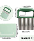 Front view of green stainless-steel crinkle cutter with protective case for veggies.