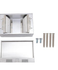 No Hassle Recessed Floor Electrical Outlet Kit Sporting Four Slick Power Sockets Forged From Heavy Duty Stainless Steel with installation accessories.