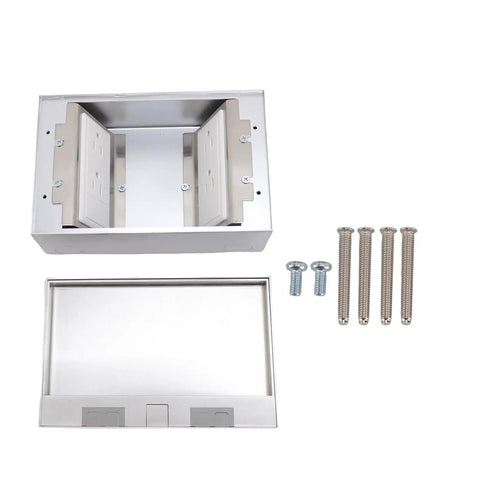 No Hassle Recessed Floor Electrical Outlet Kit Sporting Four Slick Power Sockets Forged From Heavy Duty Stainless Steel with installation accessories.