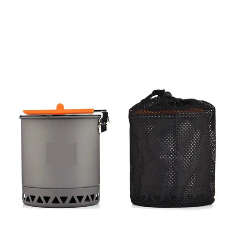 1.6L Camping Pot For Go To Outdoor Cooking And Trekking, lightweight pot with orange handle beside black mesh storage bag