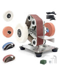 Badass Mini Belt Sander With Seven Tough Speed Settings And Locked In Fifteen Degree Guide, compact desktop tool for sharpening and polishing.