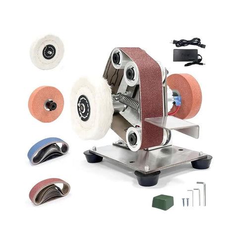 Badass Mini Belt Sander With Seven Tough Speed Settings And Locked In Fifteen Degree Guide, compact desktop tool for sharpening and polishing.
