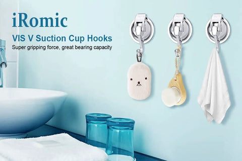 Heavy Duty Vacuum Suction Cup Hooks 2 Pack For Kitchen Bathroom And Restroom Organization No Drilling No Screws No Holes No Glue Damage Free Mount Strong Hold Perfect For Towels Kitchen Utensils And More displayed holding items in bathroom setting with hooks on wall