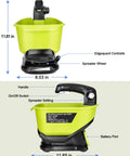 Diagram of All Season Handheld Seed And Fertilizer Spreader For Lawns, 18V Battery Compatible showing dimensions and features.