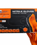 Built Tough 10 Mil Nitrile Gloves With Rock Solid Diamond Grip, Powder Free And Latex Free Orange Safety Gear For Garage Projects, Mechanic Work, And Greasy Cleanup Jobs, Large 100 Count box held showing gloves.