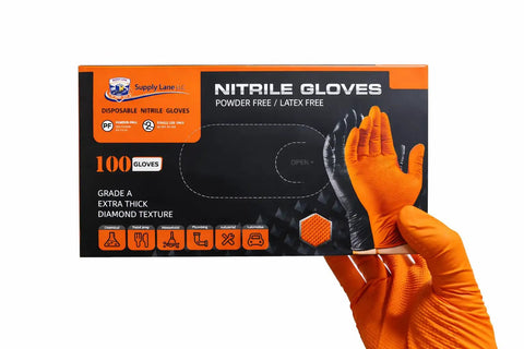 Built Tough 10 Mil Nitrile Gloves With Rock Solid Diamond Grip, Powder Free And Latex Free Orange Safety Gear For Garage Projects, Mechanic Work, And Greasy Cleanup Jobs, Large 100 Count box held showing gloves.