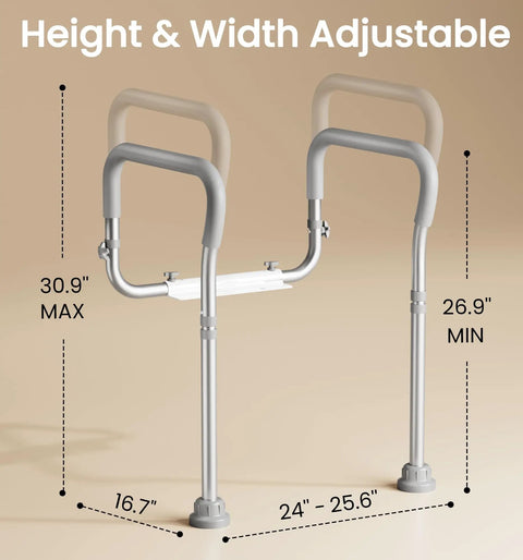 Rock Solid Aluminum Toilet Safety Handle For Seniors Supporting Up To Three Hundred Fifty Pounds With Easy Grip Install, adjustable height and width dimensions.