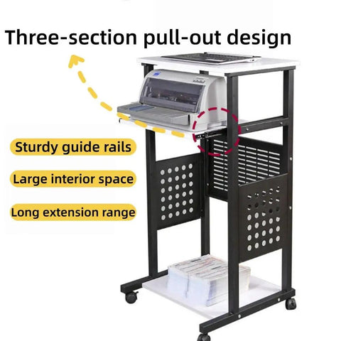 Smooth Rolling 3 Tier Standing Desk With Pull Out Keyboard Tray And Heavy Duty Steel Frame Built Tough For Your Ultimate Home Office Workspace Or Portable Printer Cart with three-section pull-out design.