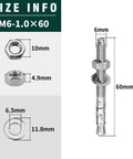 12 Pack M6 1.0 By 60mm Wedge Anchors Stainless Steel 304 Grade 18 8 Concrete Anchor diagram showing size dimensions
