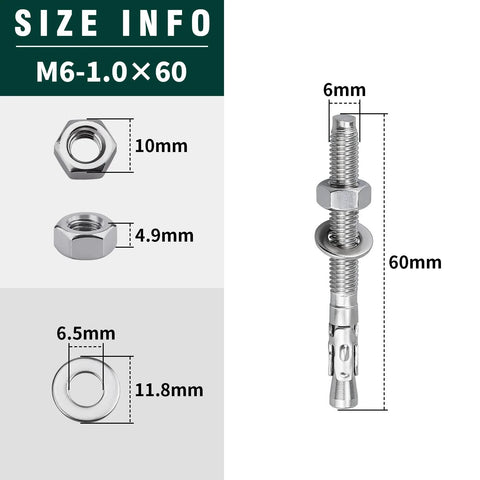 12 Pack M6 1.0 By 60mm Wedge Anchors Stainless Steel 304 Grade 18 8 Concrete Anchor diagram showing size dimensions